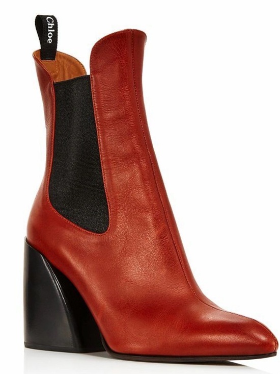 Chloe Shoes - Chloe Red Leather Sculpted Block-Heel Chelsea Boot in 38.5